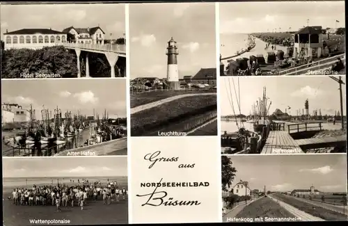 Ak Nordseebad Büsum, Spiel im Watt, Strandpartie, Alter Hafen, Leuchtturm, Wattenpolonaise