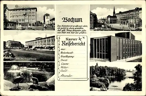 Ak Bochum im Ruhrgebiet, Tierpark, Handelshof, Stadttheater, Stadtbad, Stadtpark