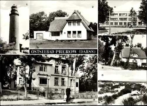 Ak Ostseebad Prerow auf dem Darß, Leuchtturm, Rat der Gemeinde, Zeltplatz, POS Nikolai Ostrowski