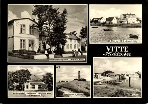 Ak Vitte Insel Hiddensee, Leuchtturm, Hafen, FDGB Erholungsheim Deutsches Haus, Kloster, Heiderose