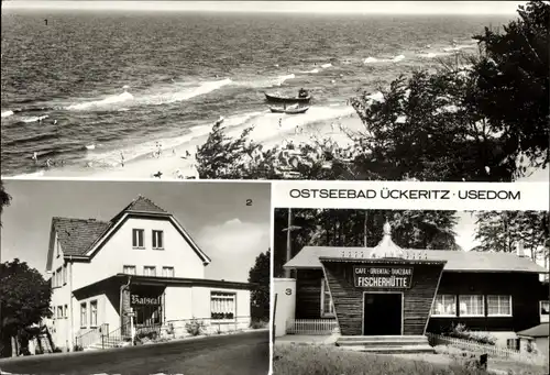 Ak Ostseebad Ückeritz auf Usedom, Strand, Ratscafe, Fischerhütte