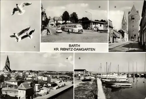 Ak Barth an der Ostsee, Busbahnhof, Rudolf Breitscheid Straße, Segelboothafen