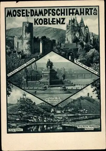 Ak Koblenz am Rhein, Burg Cochem, Deutsches Eck, Burg-Ruine Landshut, Mosel-Dampfschifffahrt AG