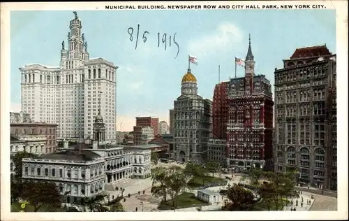 Ak New York City USA, Municipal Building, Newspaper Row, City Hall Park