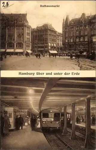 Ak Hamburg Mitte Altstadt, Rathausmarkt mit Geschäften, Untergrundbahnhof, Rinzug