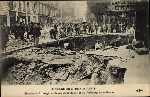 Ak Paris VIII., Sturm vom 15. Juni, Erdrutsch, Rue de la Boetie, Faubourg Saint Honore