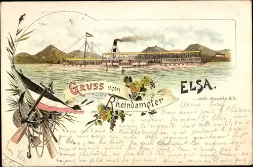 Litho Rheindampfer Elsa, Bingen am Rhein