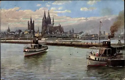Künstler Ak Hoffmann, H., Köln am Rhein, Blick zur Altstadt, Dom, Schiffbrücke, Rheindampfer