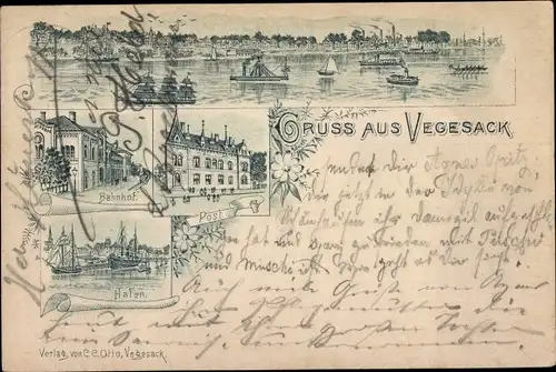 Vorläufer Litho Vegesack Hansestadt Bremen, Bahnhof, Post, Hafen, Panorama, 1894