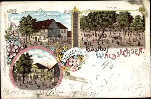 Litho Waldsachsen Meerane in Sachsen, Gasthof Waldsachsen, Garten, Saal