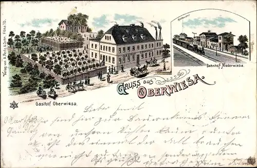 Litho Oberwiesa Niederwiesa Sachsen, Bahnhof, Gleisseite, Gasthof