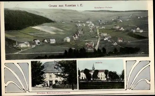 Ak Kemtau Burkhardtsdorf im Erzgebirge, Materialwarenhandlung, Schule