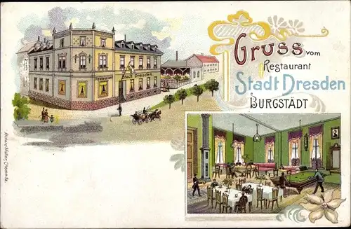 Litho Burgstädt in Sachsen, Restaurant Stadt Dresden, Innenansicht, Billard