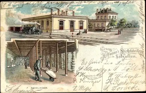 Litho Bad Salzuflen im Kreis Lippe, Hoffmann's Stärkefabriken, Wohnhaus, Reislager, Bahnhof