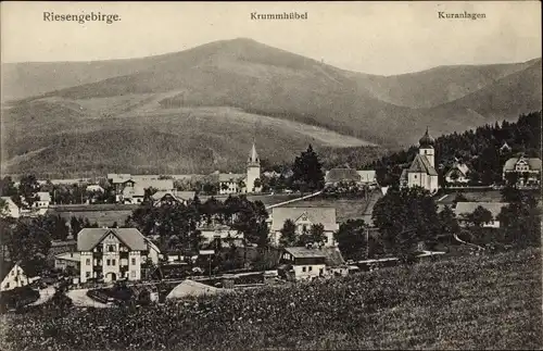Ak Karpacz Krummhübel im Riesengebirge Schlesien, Panorama vom Ort, Kuranlagen, Kirche