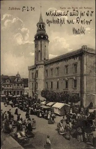 Ak Sulechów Züllichau Ostbrandenburg, Partie am Markt mit Rathaus, Apotheke