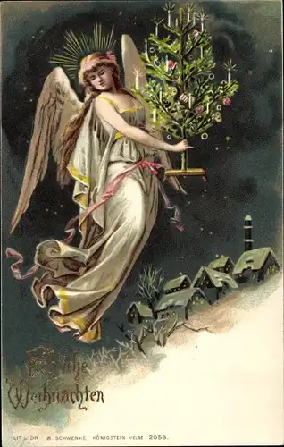 Litho Glückwunsch Weihnachten, Engel mit geschmücktem Tannenbaum