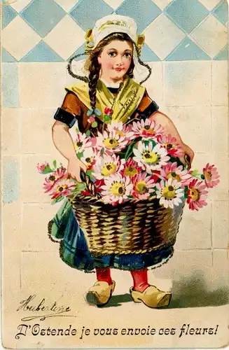 Präge Ak Oostende Ostende Westflandern, Frau in belgischer Tracht mit Blumenkorb