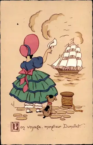 Künstler Ak Gil, Mädchen winkt zum Abschied einem Segelschiff hinterher
