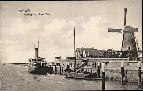 Ak Zierikzee Zeeland, Dampferanlegestelle Provinzialboot, Windmühle