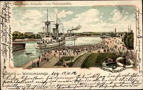 Litho Wilhelmshaven an der Nordseem, Deutsches Kriegsschiff, Panzerschiff, Neuer Hafen