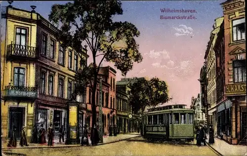 Ak Wilhelmshaven an der Nordsee, Bismarckstraße, Straßenbahn, Handlung