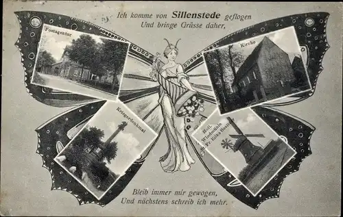 Schmetterling Ak Sillenstede Schortens in Friesland, Postagentur, Kirche, Windmühle, Kriegerdenkmal