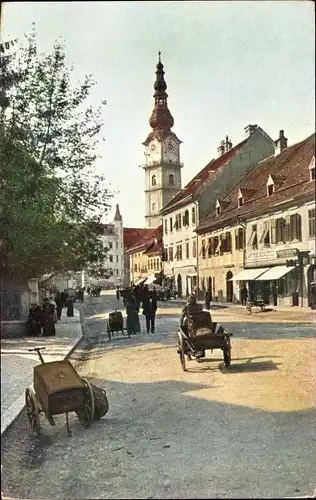 Ak Klagenfurt am Wörthersee Kärnten, Straßenpartie, Handkarren