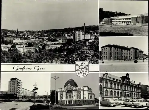 Foto Ak Gera in Thüringen, Panorama, Teilansichten, Theater, Bahnhof, Wappen