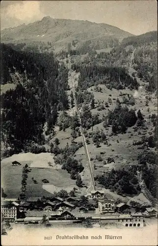 Ak Mürren Kanton Bern, Ortschaft mit Blick auf die Drahtseilbahn