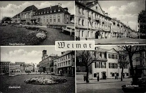 Ak Weimar in Thüringen, Goetheplatz, Hauptbahnhof, Marktplatz, Schillerhaus