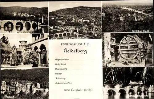 Ak Heidelberg am Neckar, Alte Brücke, Schloss und Stadt, Großes Fass, Schlossbeleuchtung