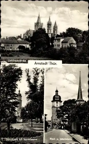 Ak Arnstadt Thüringen, Liebfrauenkirche, Schlosspark mit Neideckturm, Ried- u. Jakobsturm