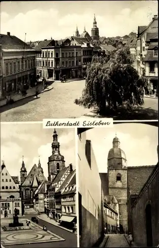 Ak Lutherstadt Eisleben, Ortspartie, Platz mit Denkmal, schmale Gasse