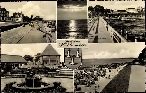 Ak Ostseebad Kühlungsborn, Wappen, Steg, Springbrunnen, Strandansicht, Promenade