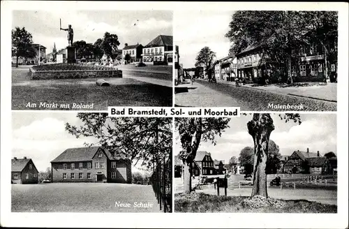 Ak Bad Bramstedt in Holstein, Neue Schule, Maienbeeck, Markt, Roland