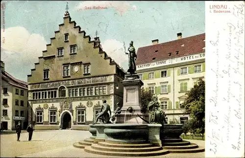 Ak Lindau am Bodensee Schwaben, Rathaus, Brunnen, Gasthof zur Sonne, Hotel