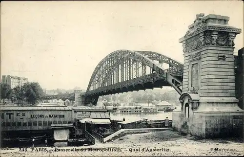 Ak Paris XVI Passy, Metropolitan Footbridge, Quai d&#39;Austerlitz