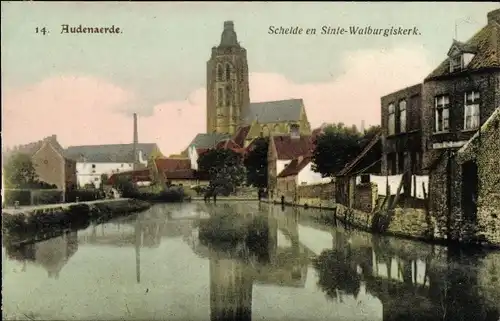 Ak Audenaerde Ostflandern Belgien, Schelde en Sinte Walburgiskerk, Kirche