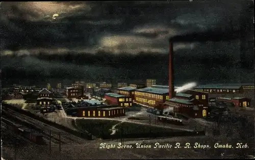 Ak Omaha Nebraska USA, Union Pacific R. R. Werkstätten, Nachtbeleuchtung
