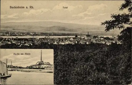 Ak Budenheim in Rheinland Pfalz, Totalansicht, Partie am Rhein