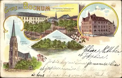 Litho Bochum im Ruhrgebiet, Amtsgericht, Kriegerdenkmal, Bergschule, Kirche, Stadtpark