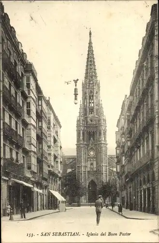 Ak Donostia San Sebastian Baskenland, Kirche, Straßenpartie