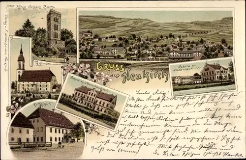 Litho Neukirch Lausitz, König Johann Turm, Kirche, Rittergut, Schule Oberneukirch, Niederneukirch