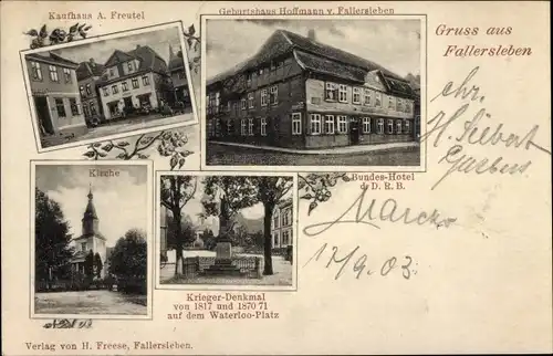 Ak Fallersleben Wolfsburg, Geburtshaus Hoffmann von Fallersleben, Bundeshotel, Kaufhaus, Kirche