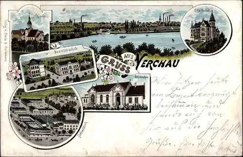 Litho Nerchau Grimma in Sachsen, Panorama vom Ort, Kirche, Villa Hessel, Beamtenschule, Farbenfabrik