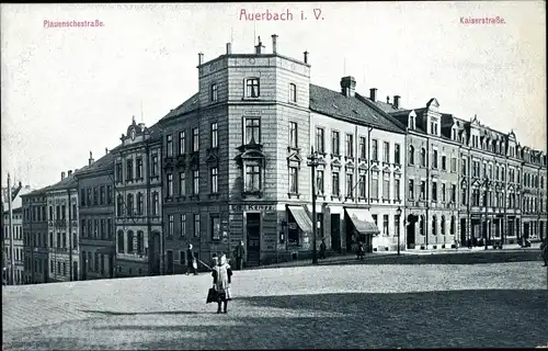 Ak Auerbach im Vogtland, Plauensche Straße, Kaiserstraße, Eckhaus, Geschäft