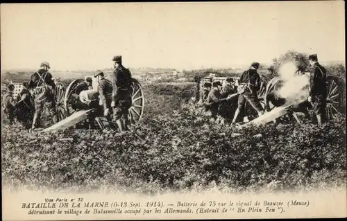 Ak Schlacht an der Marne 1914, Batterie, Dorf Bulainville von den Deutschen besetzt