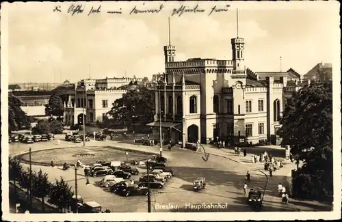 Ak Wrocław Breslau Schlesien, Ansicht vom Hauptbahnhof, Straßenseite, Dworzec Glowny