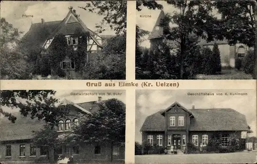 Ak Eimke im Landkreis Uelzen, Kirche, Pfarre, Gastwirtschaft W. Buhr, Geschäftshaus Kuhlmann